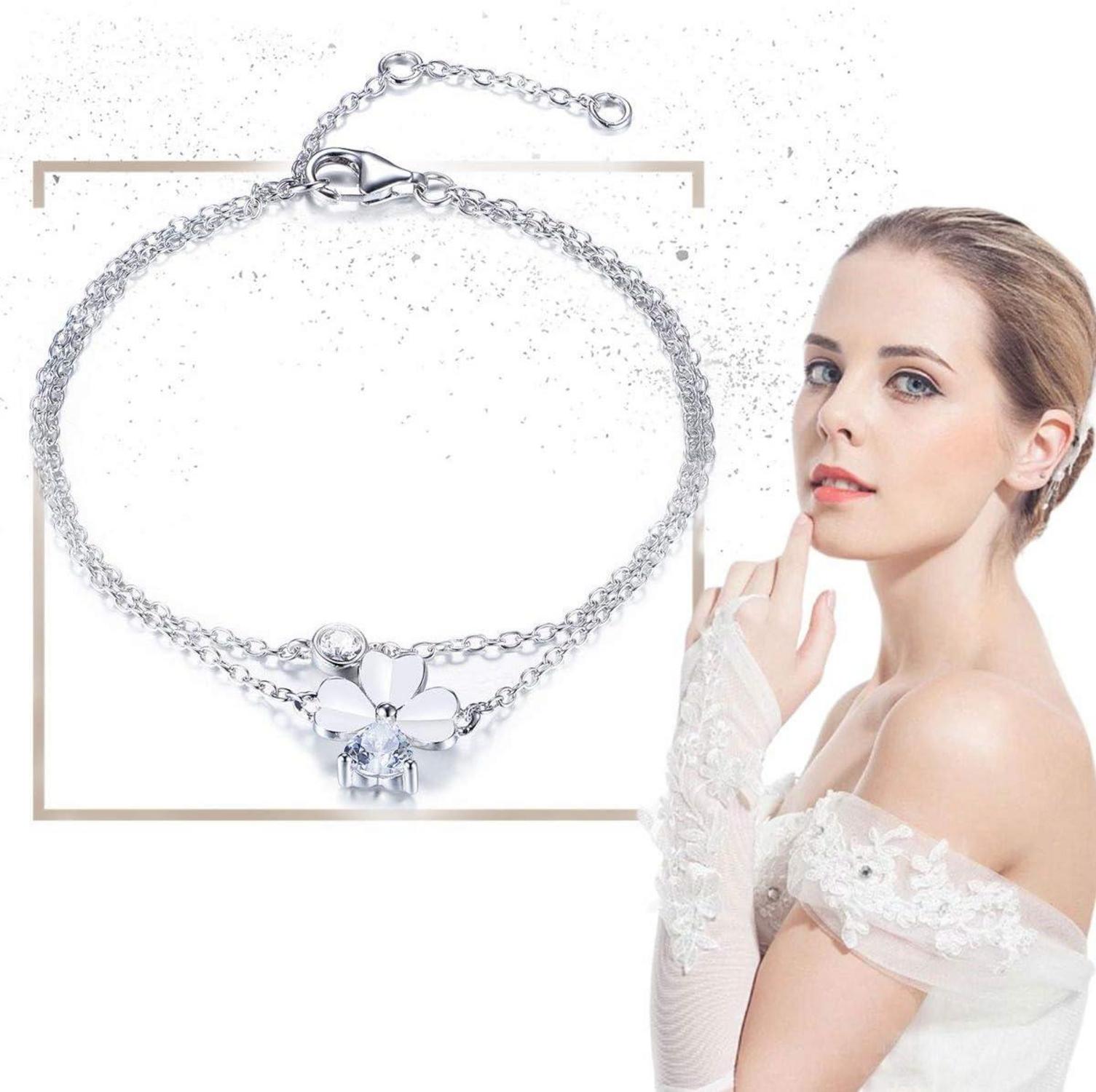 Damen Armband 925 Sterling Silber Zirkonia Anhänger Mädchen Blumen