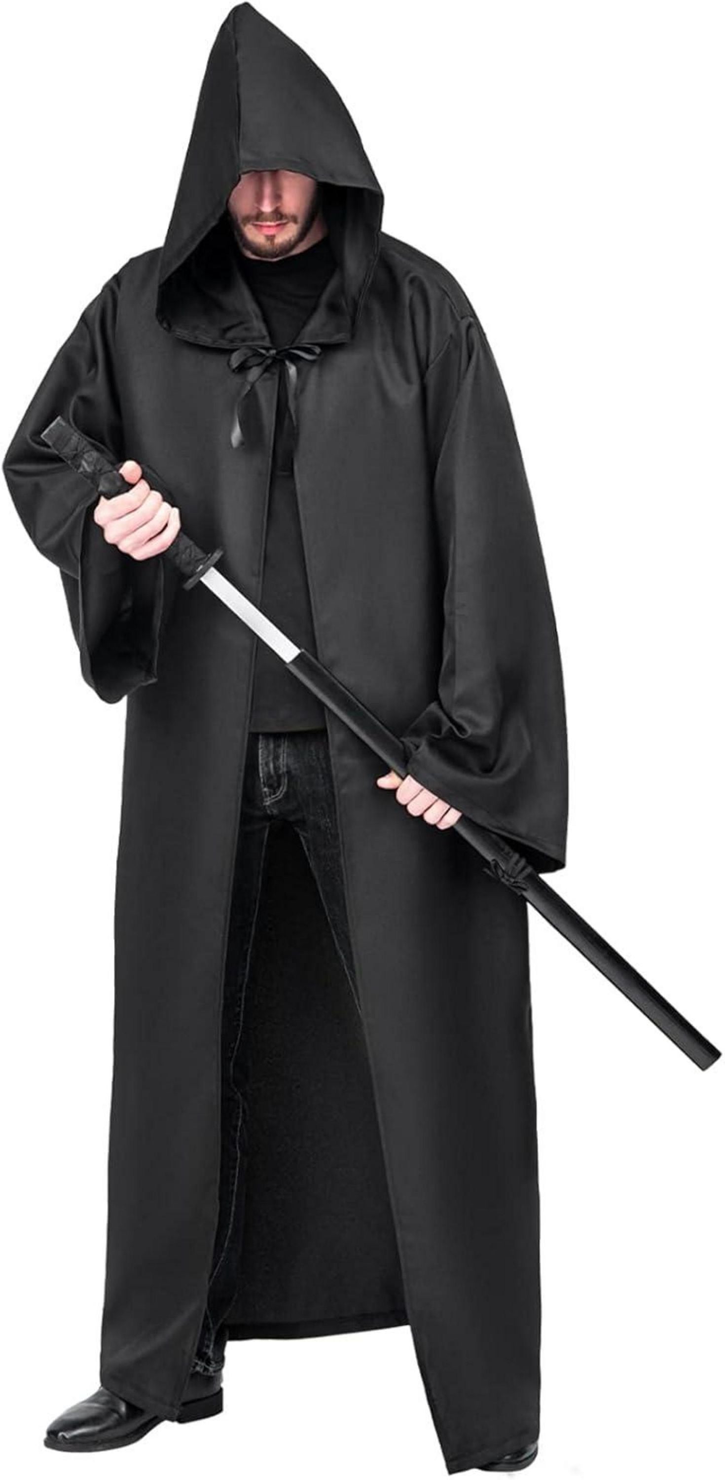 Umhang mit Kapuze Herren Halloween Kostüm Robe Schwarz XL Cosplay