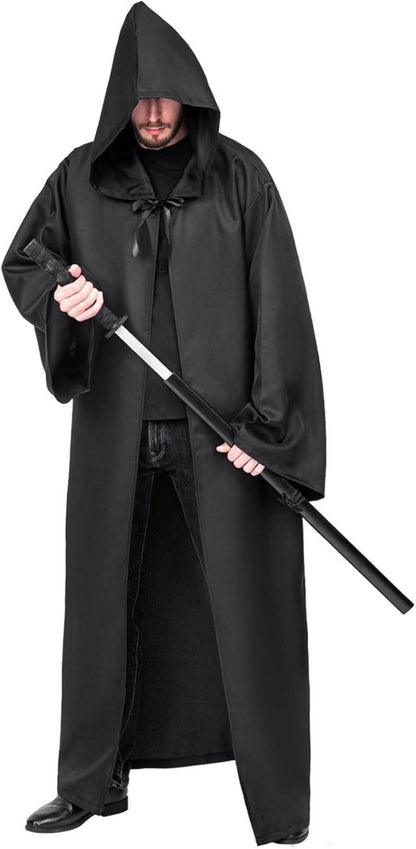 Umhang mit Kapuze Herren Halloween Kostüm Robe Schwarz XL Cosplay