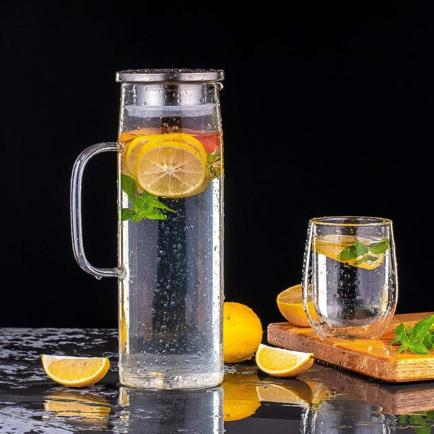 Glaskaraffe mit Deckel Borosilikatglas 1300ML - Transparent Silber