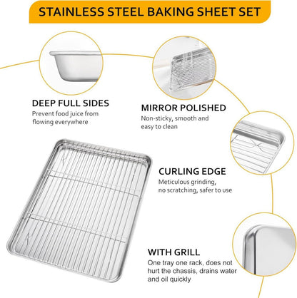 Velaze Edelstahl Backblech mit Auskühlgitter Set 4