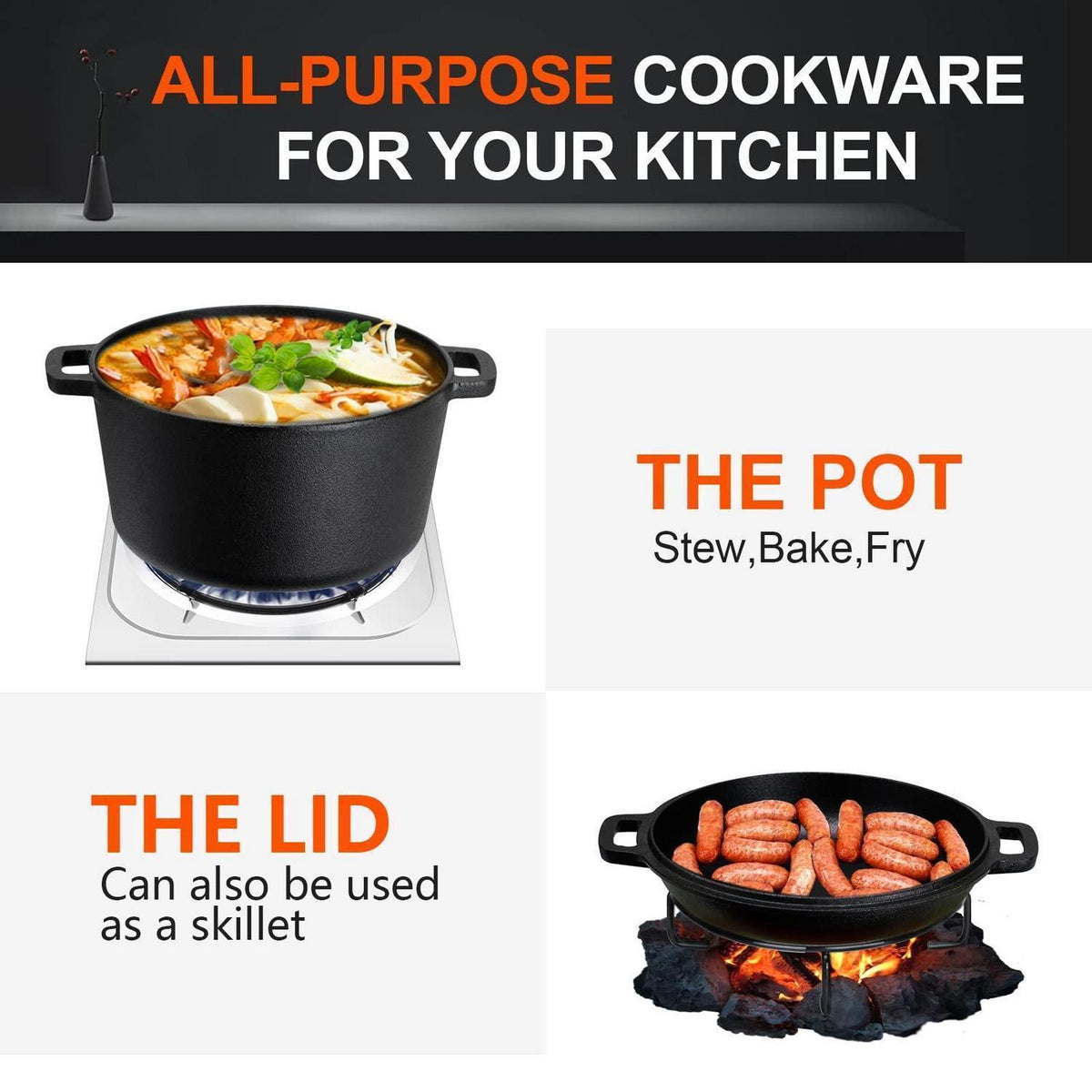 Gusseisen Dutch Oven 2-in-1 mit Pfannendeckel, 26 cm, Schwarz