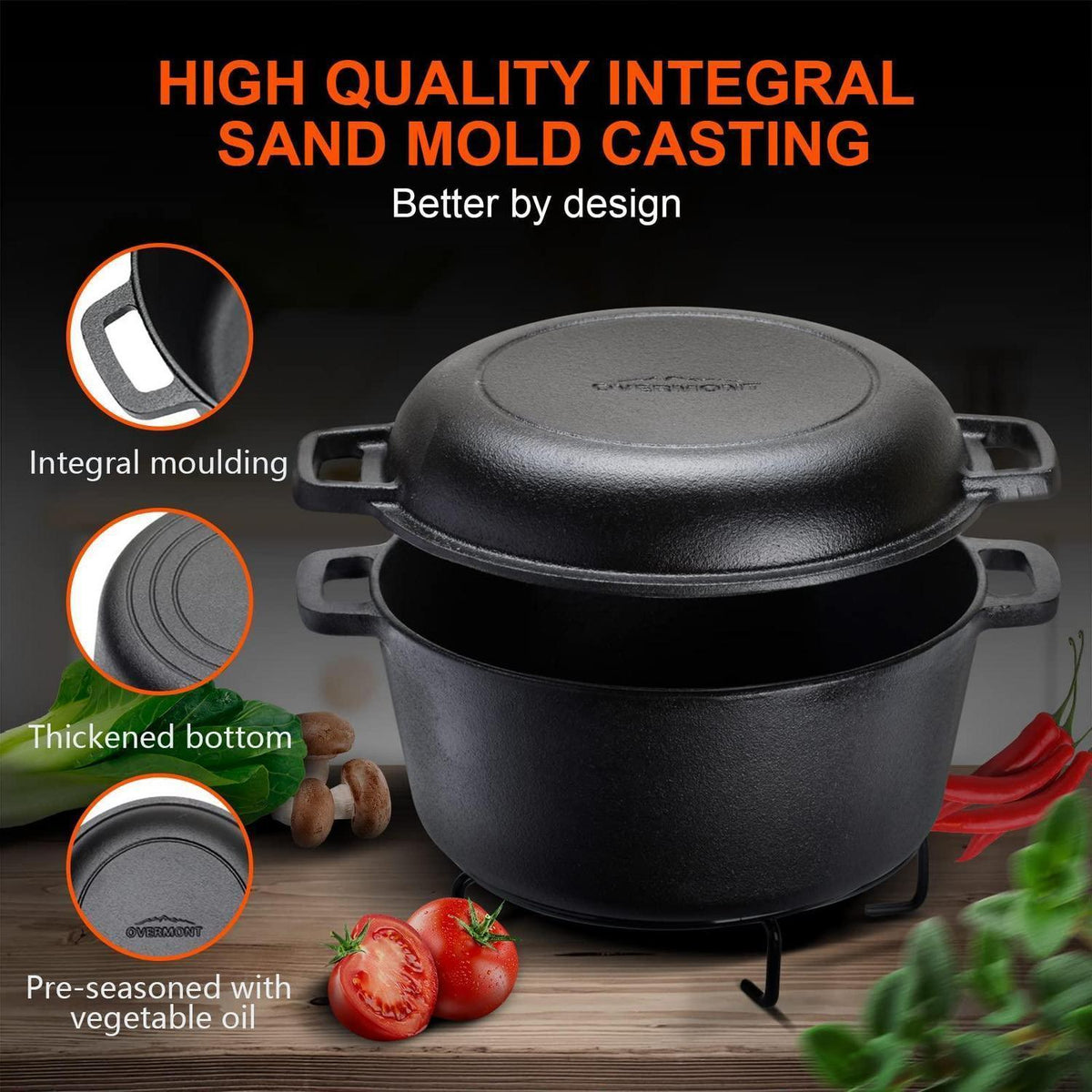 Gusseisen Dutch Oven 2-in-1 mit Pfannendeckel, 26 cm, Schwarz