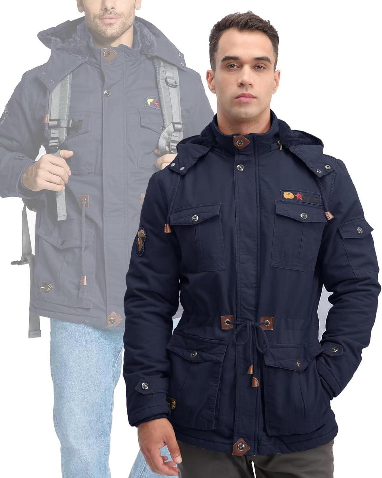 Winterparka Herren Fleece Gefüttert Warme Militärjacke mit Kapuze