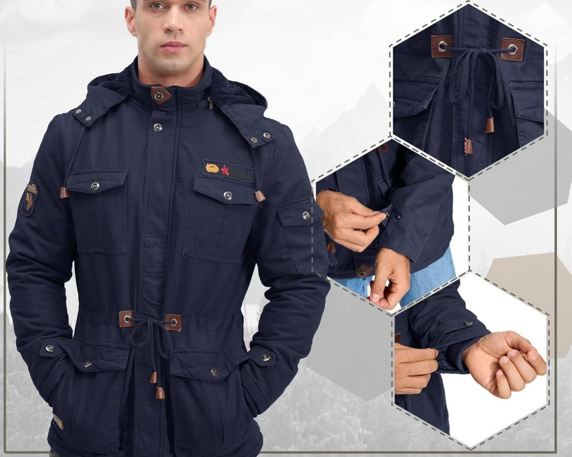 Herren Winterparka Fleece Gefüttert mit Kapuze und vielen Taschen in Blau