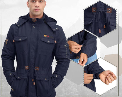 Herren Winterparka Fleece Gefüttert mit Kapuze und vielen Taschen in Blau