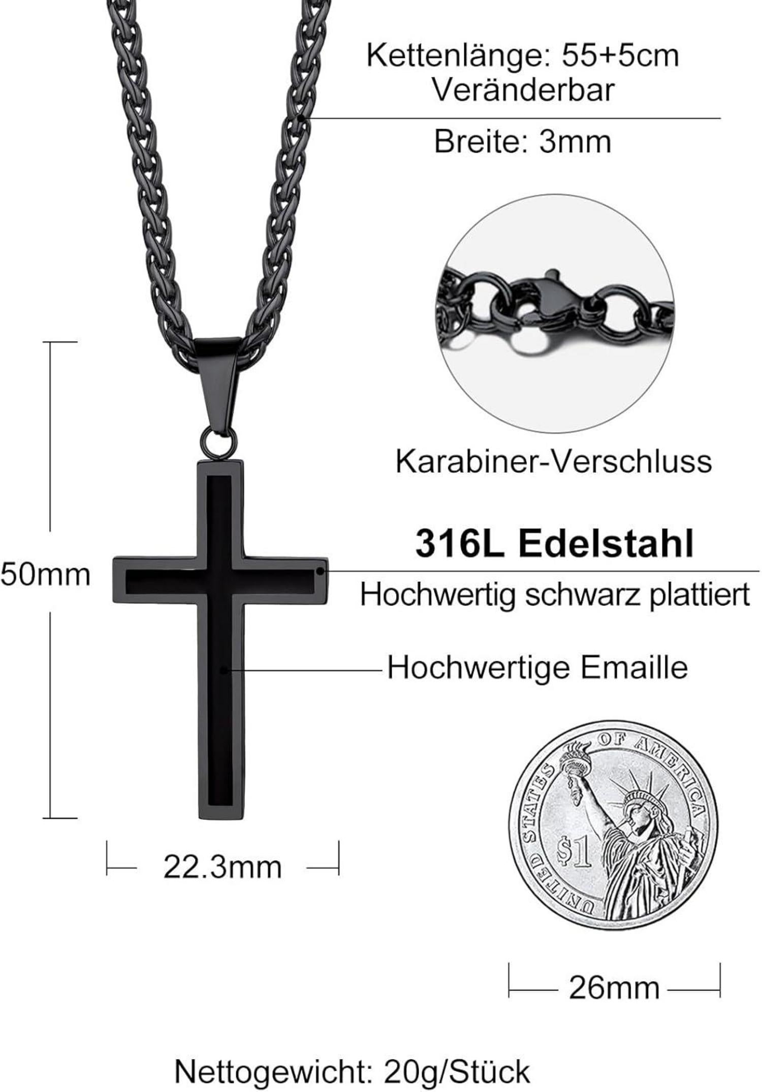 Edelstahl Kreuz Anhänger Halskette Silber Gold Schwarz 50+5cm Nette Geschenkbox