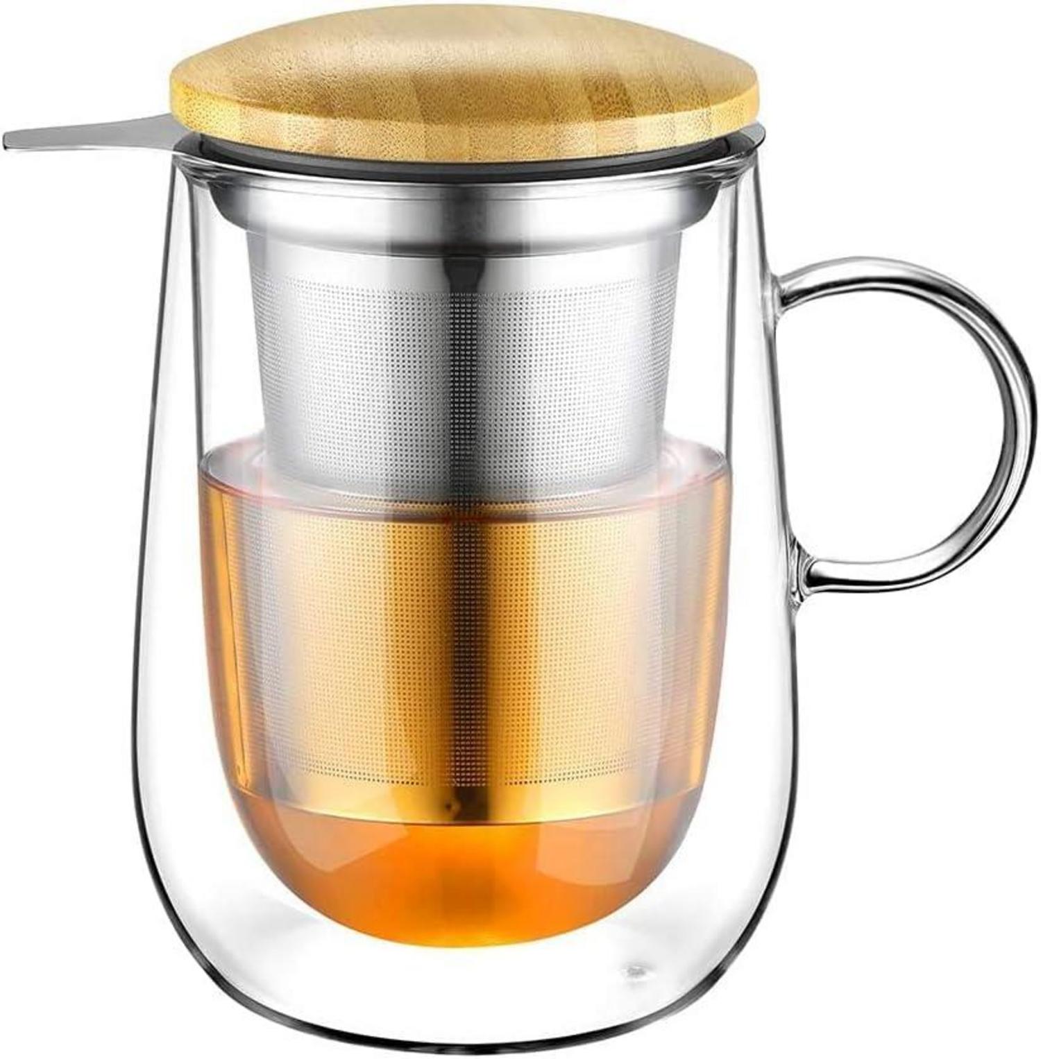 Doppelwandige Teetasse mit Metallsieb 430ml Borosilikat Glas