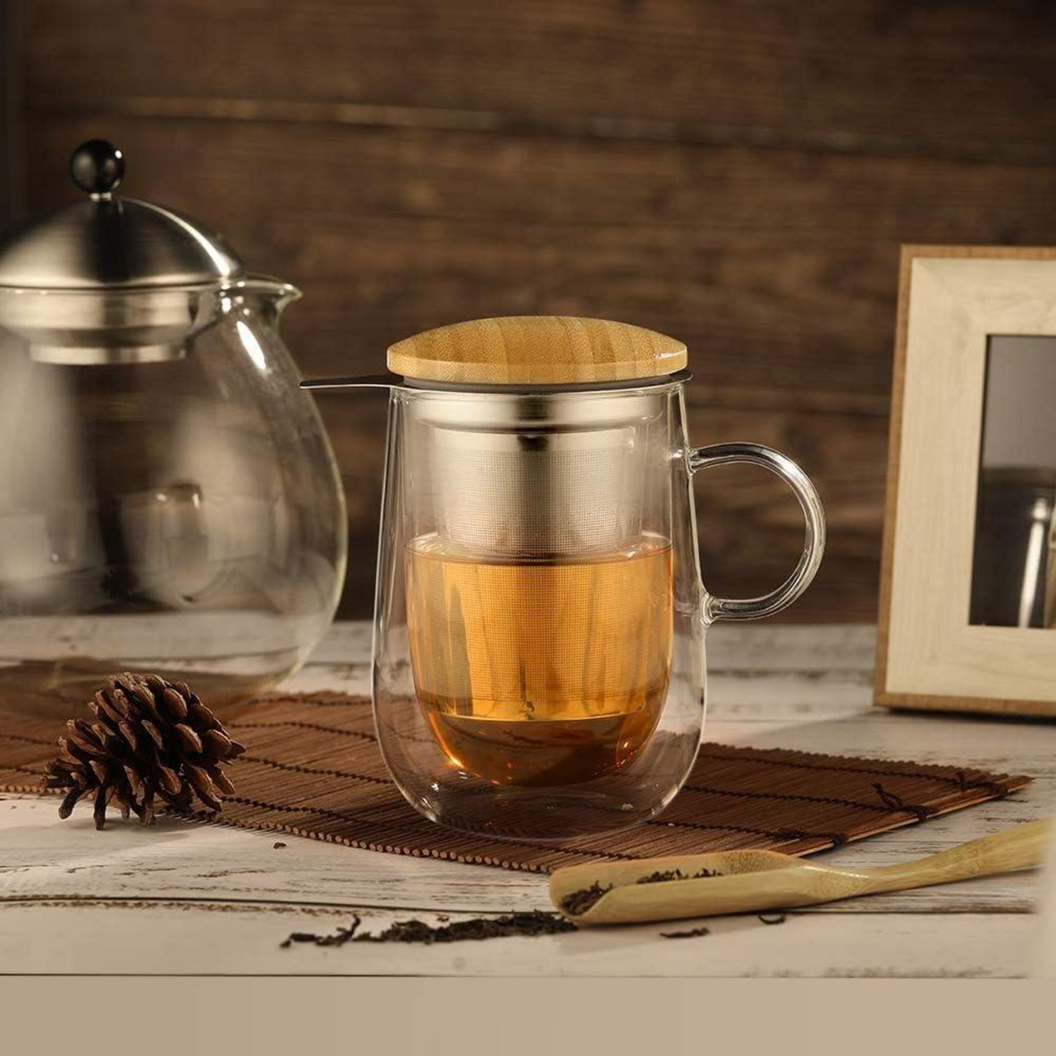 Doppelwandige Glas Teetasse mit Metallsieb 430ml Borosilikat Teebecher