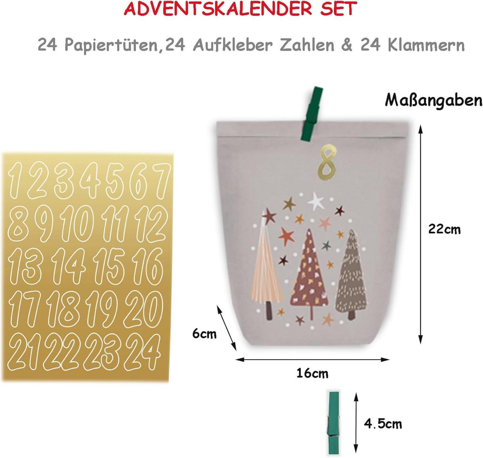Adventskalender Kraftpapiertüten DIY Weihnachtskalender 24 Tüten Set
