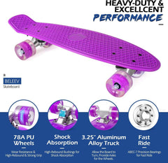 BELEEV 22 Zoll Mini Cruiser Skateboard LED Leuchtrollen - Violett