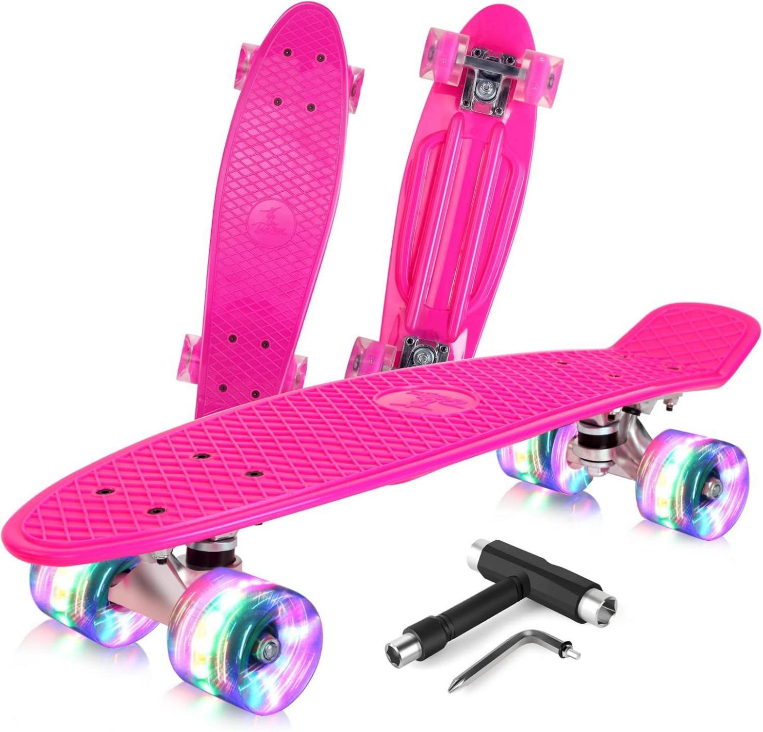 Skateboard 22 Zoll Mini Cruiser LED Leuchtrollen T-Tool Anfänger Pink