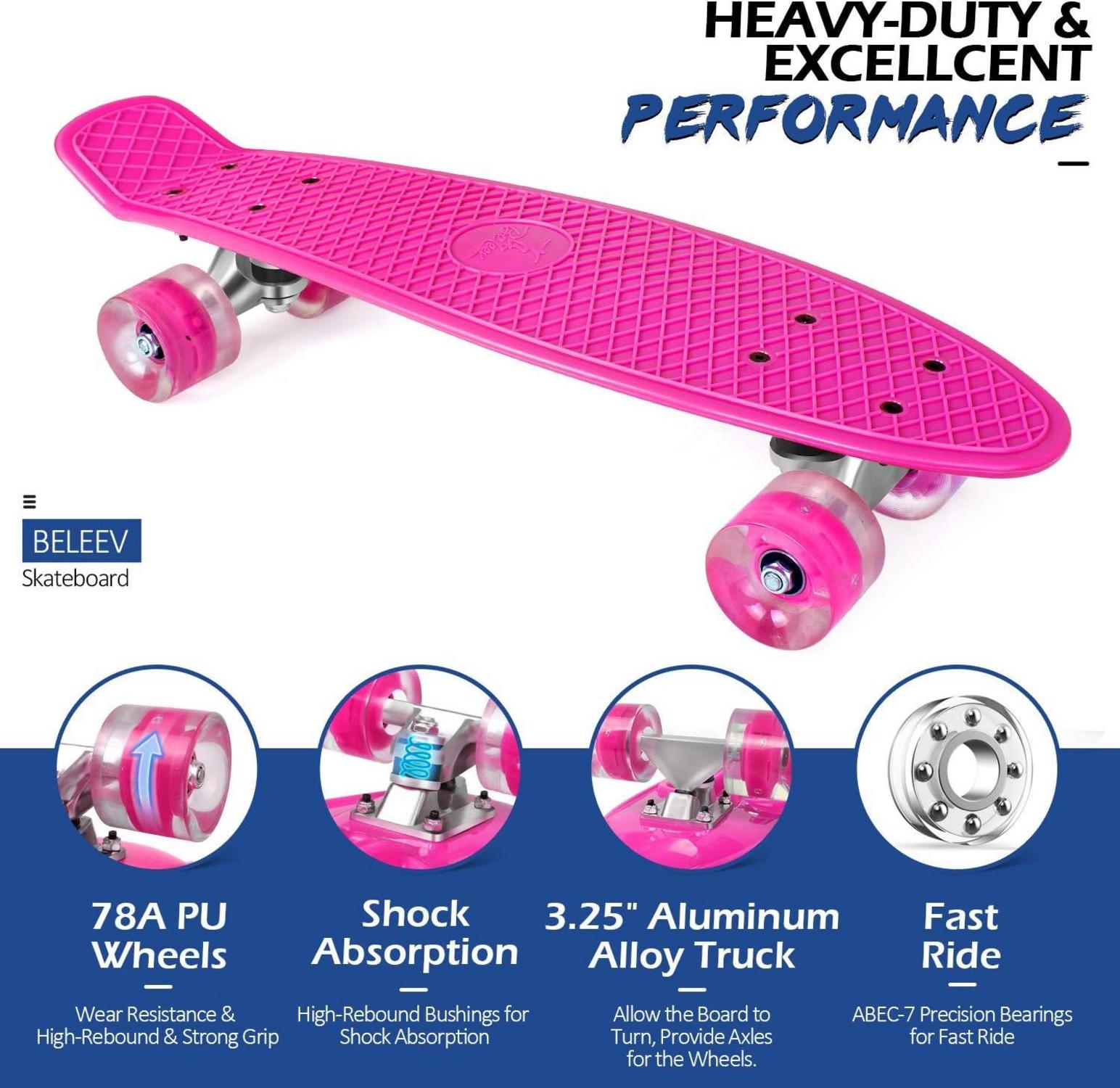 Skateboard Cruiser 22 Zoll LED Leuchtrollen Pink inkl. T-Tool