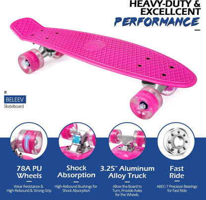 Skateboard Cruiser 22 Zoll LED Leuchtrollen Pink inkl. T-Tool
