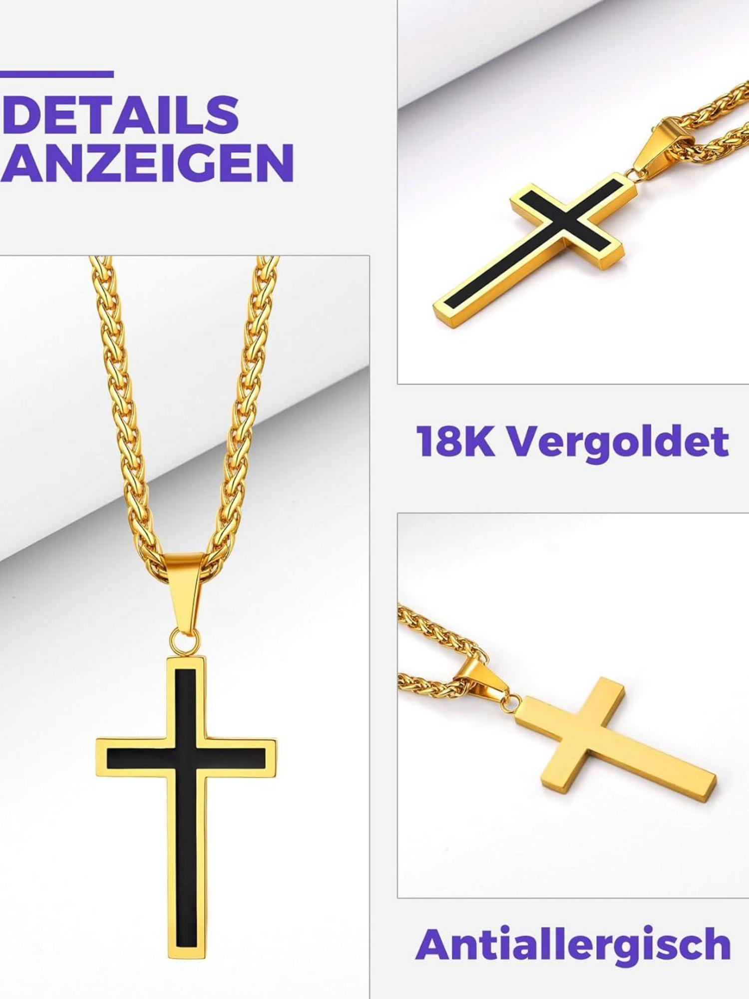 Edelstahl Kreuz Anhänger Halskette Silber Schwarz Gold Strandkette