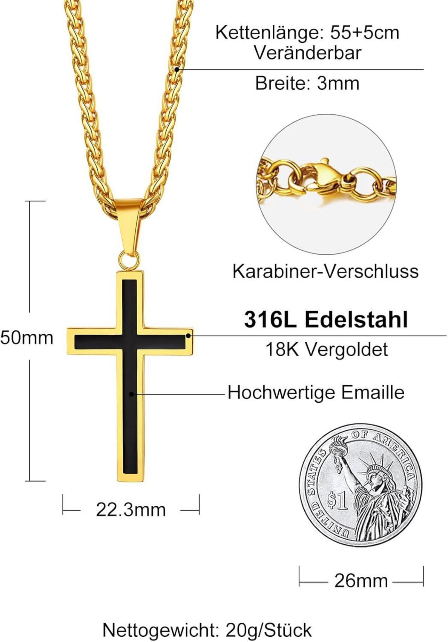 Edelstahl Kreuz Anhänger Halskette Silber Schwarz Gold 50+5cm Weizenkette