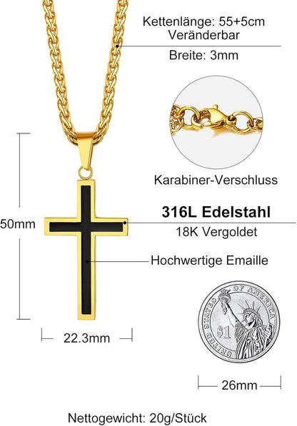 Edelstahl Kreuz Anhänger Halskette Silber Schwarz Gold 50+5cm Weizenkette