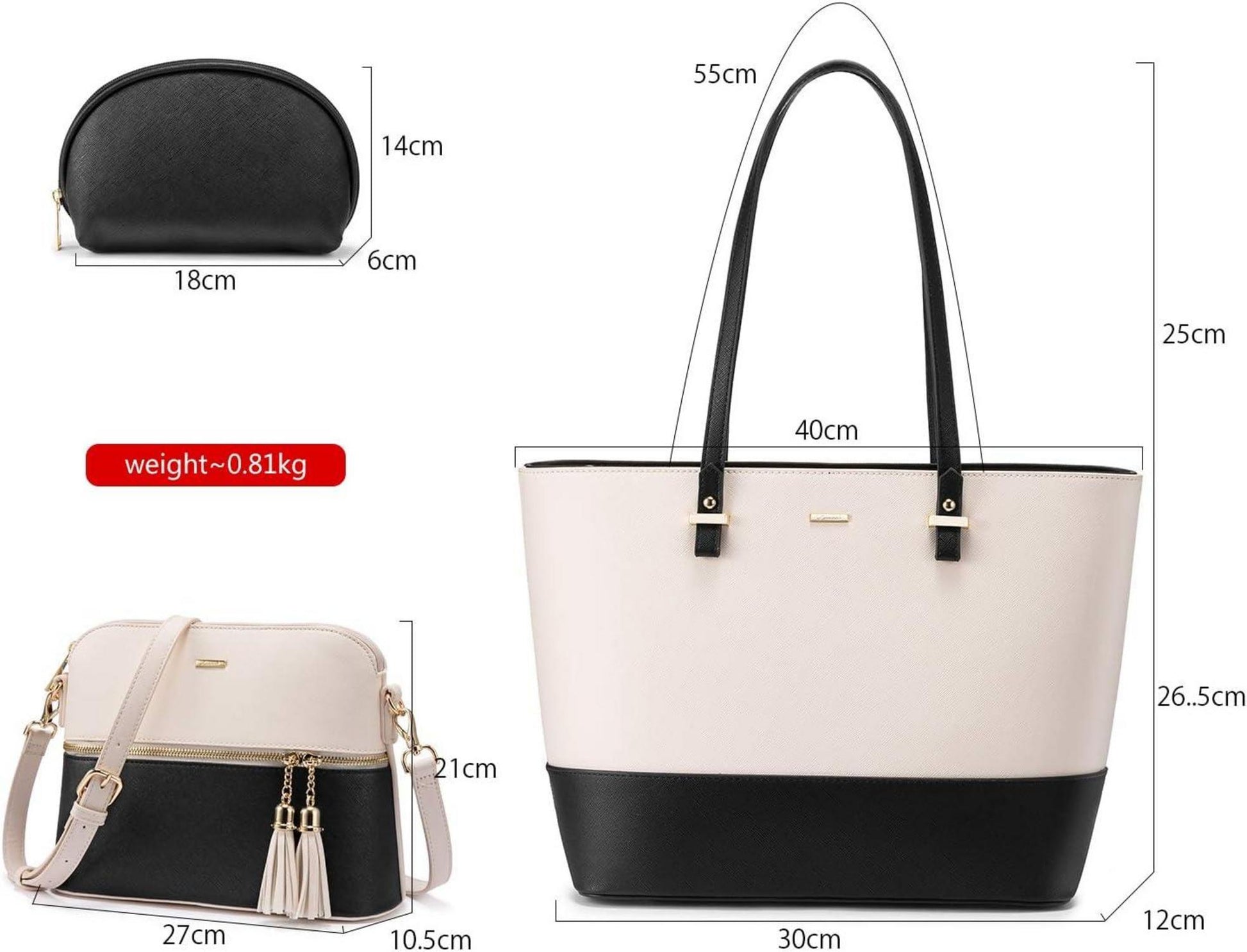 Damen Handtasche Set: Shopper, Schultertasche, Geldbörse Groß Leder