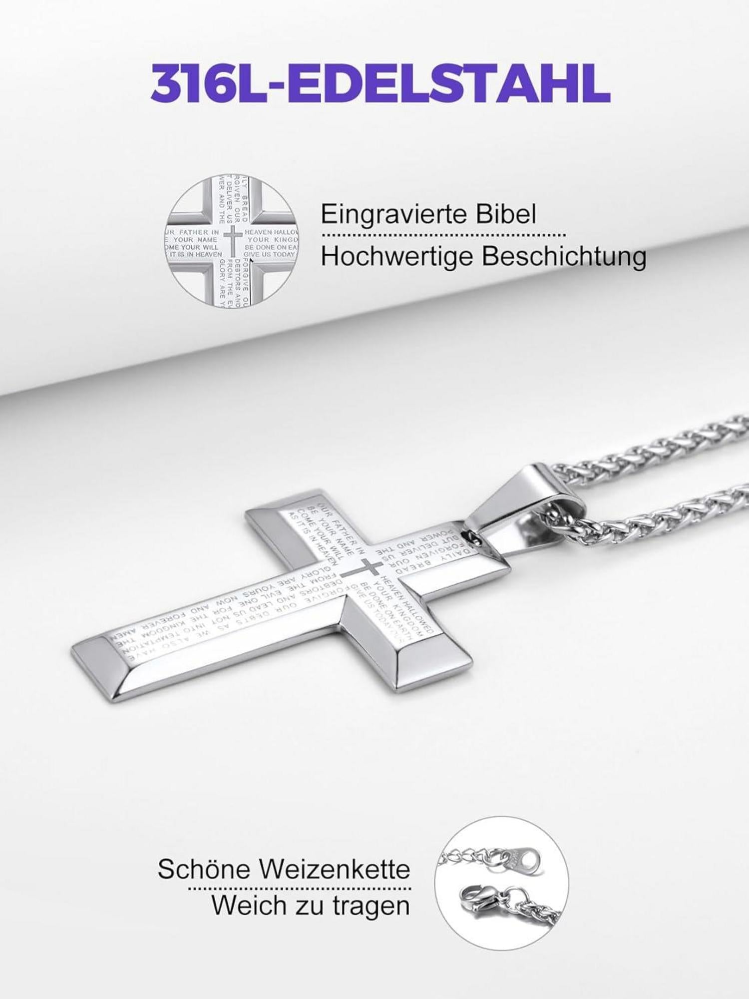 Richsteel Edelstahl Kreuz Anhänger Halskette Schwarz Unisex 50+5cm N176