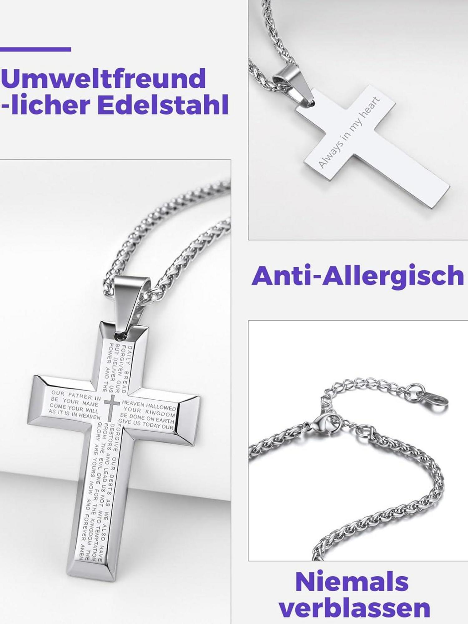 Edelstahl Kreuz Anhänger Halskette Silber Gold Schwarz 50+5cm Weizenkette