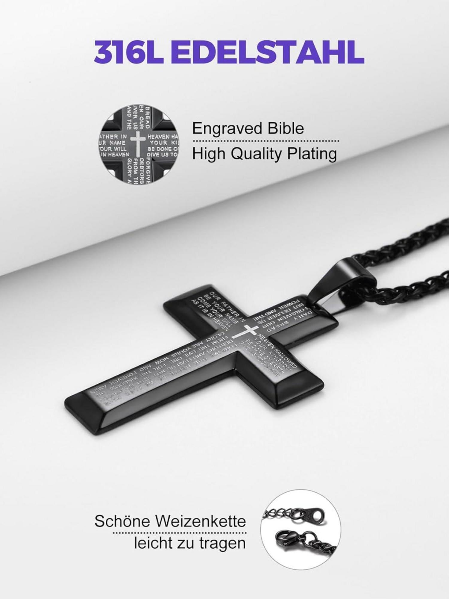 Edelstahl Kreuz Halskette mit Weizenkette in Silber/Gold/Schwarz