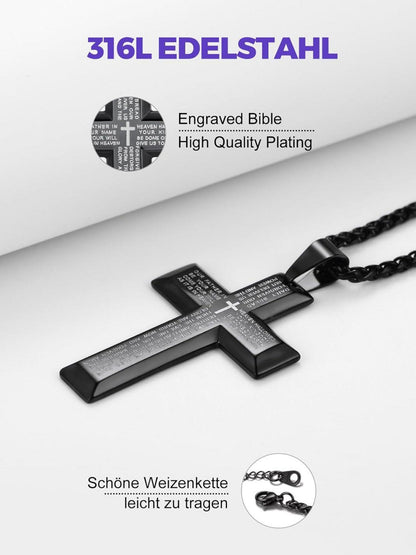 Edelstahl Kreuz Halskette mit Weizenkette in Silber/Gold/Schwarz