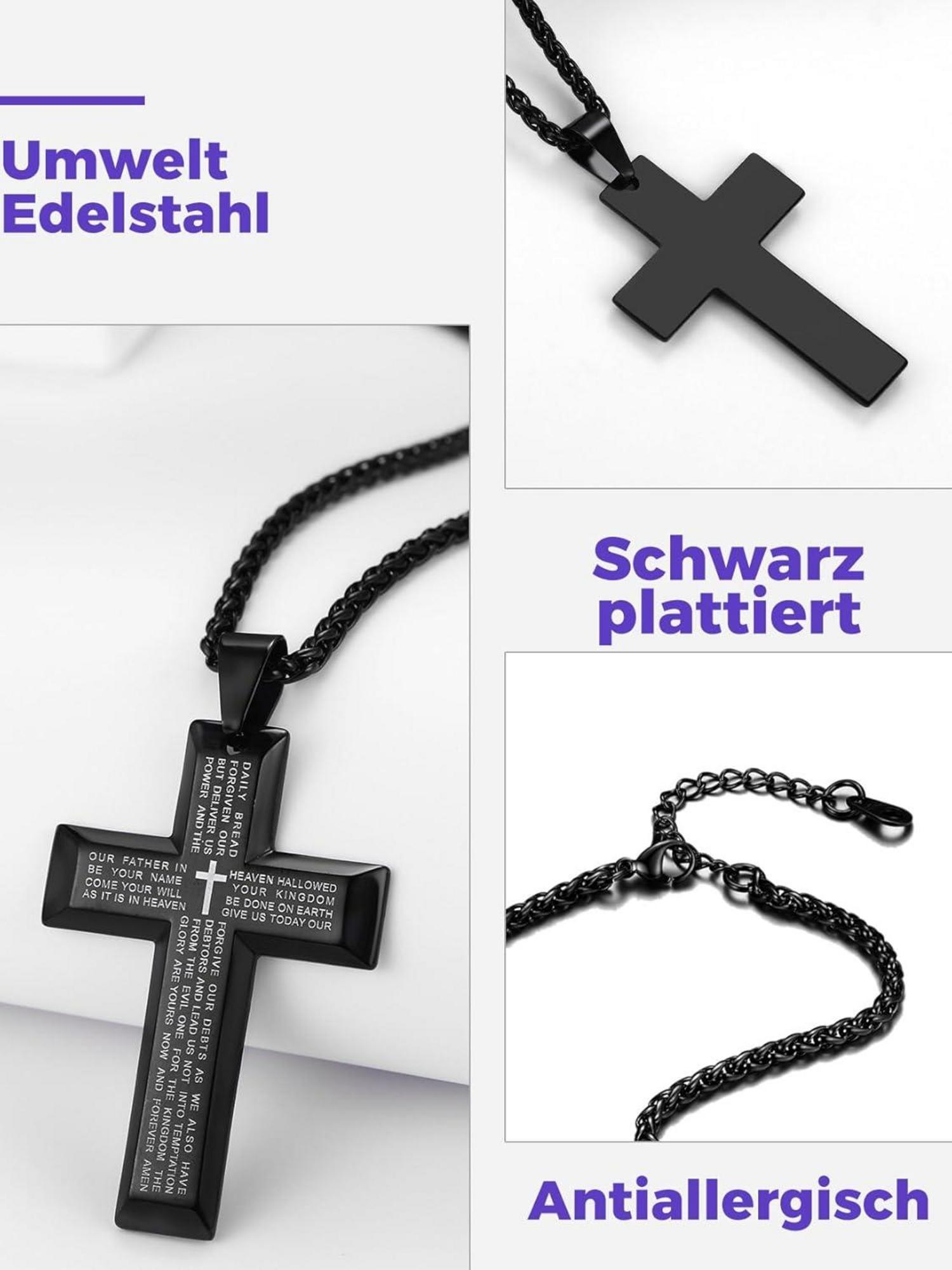 Richsteel Edelstahl Kreuz Anhänger Halskette 50+5cm Silber Gold Schwarz