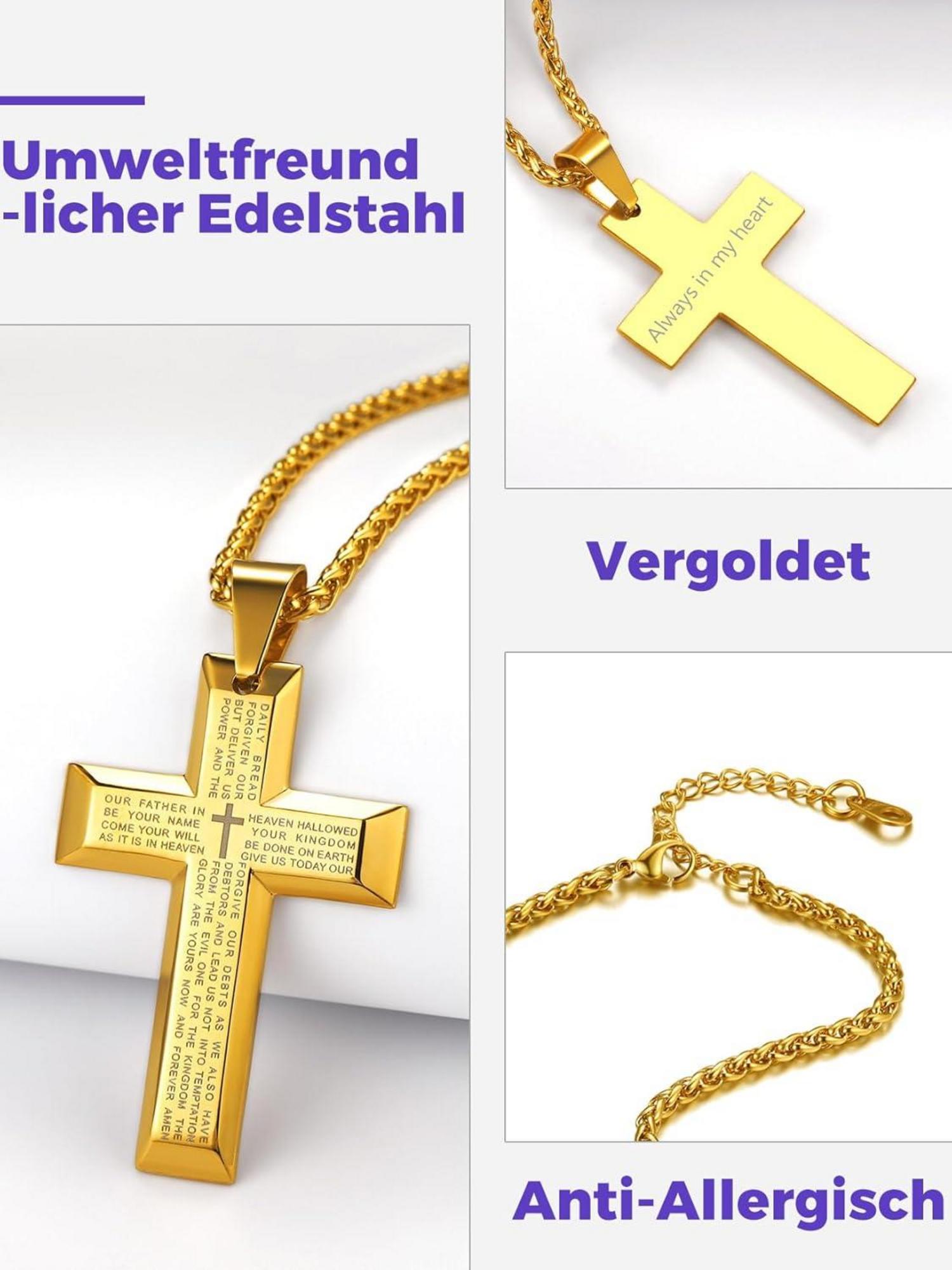 Edelstahl Kreuz Anhänger Halskette, Schwarz Gold Silber 316L Weizenkette