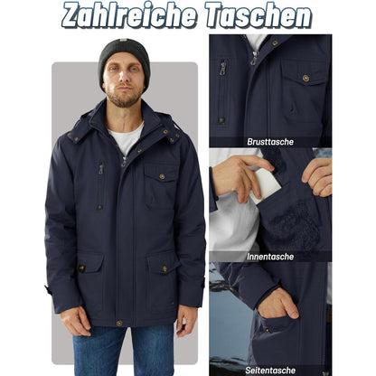 Herren Winterjacke gefüttert mit Kapuze & Cargo Taschen Dunkelblau