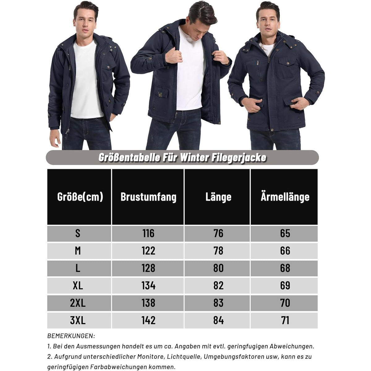 Herren Winterjacke gefüttert mit Kapuze & Cargo Taschen Dunkelblau
