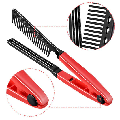 2er Set Glättkamm Haarbürste Friseur Styling V-Form Schwarz/Rosenrot