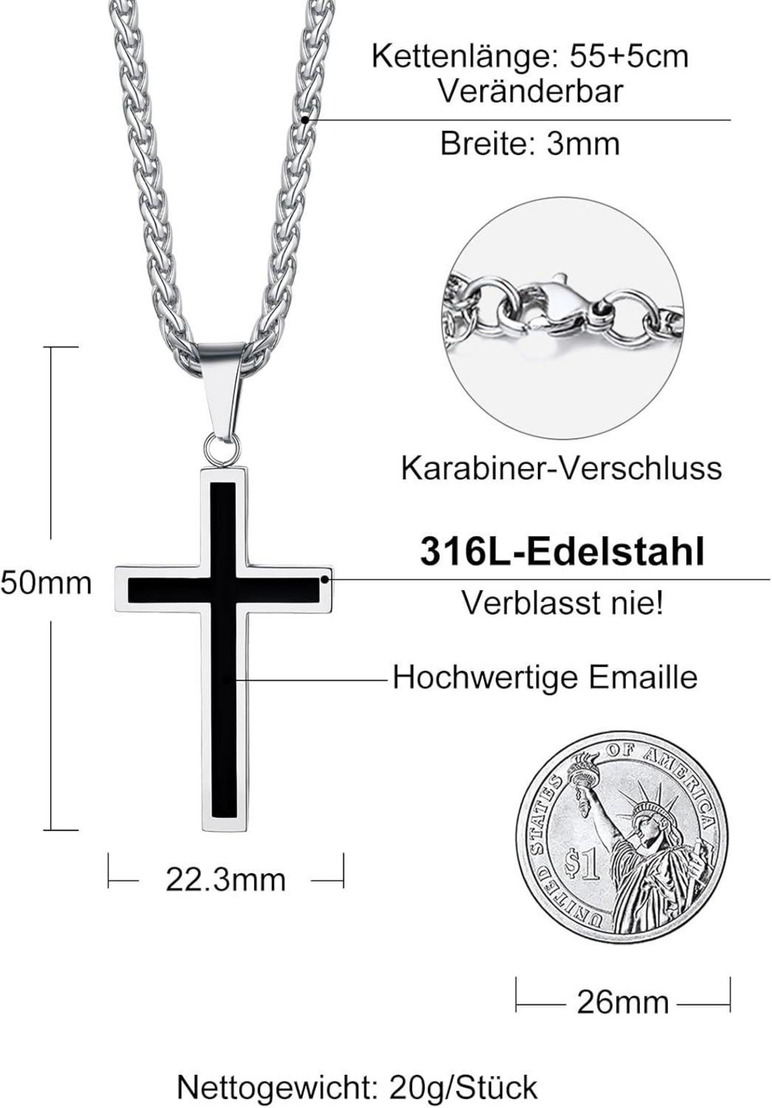 Richsteel Edelstahl Kreuz Anhänger Halskette Schwarz Weizenkette 55cm