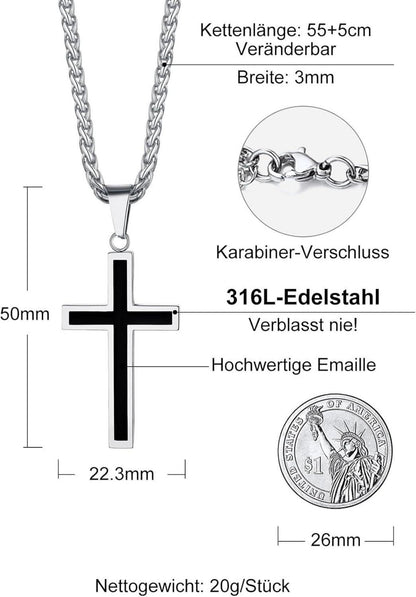 Richsteel Edelstahl Kreuz Anhänger Halskette Schwarz Weizenkette 55cm