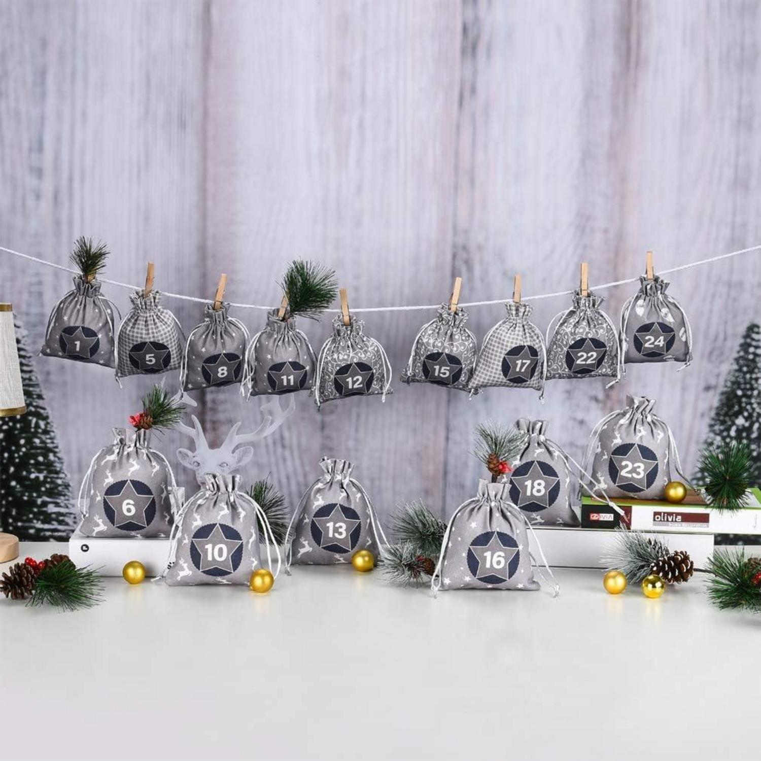 Adventskalender Weihnachtsmann 24 Stoffsäckchen Sterne