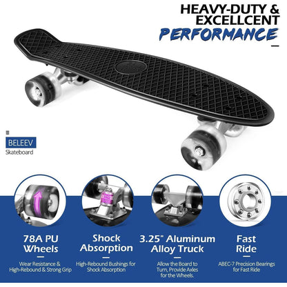 BELEEV Skateboard 22 Zoll Mini Cruiser LED Leuchtrollen
