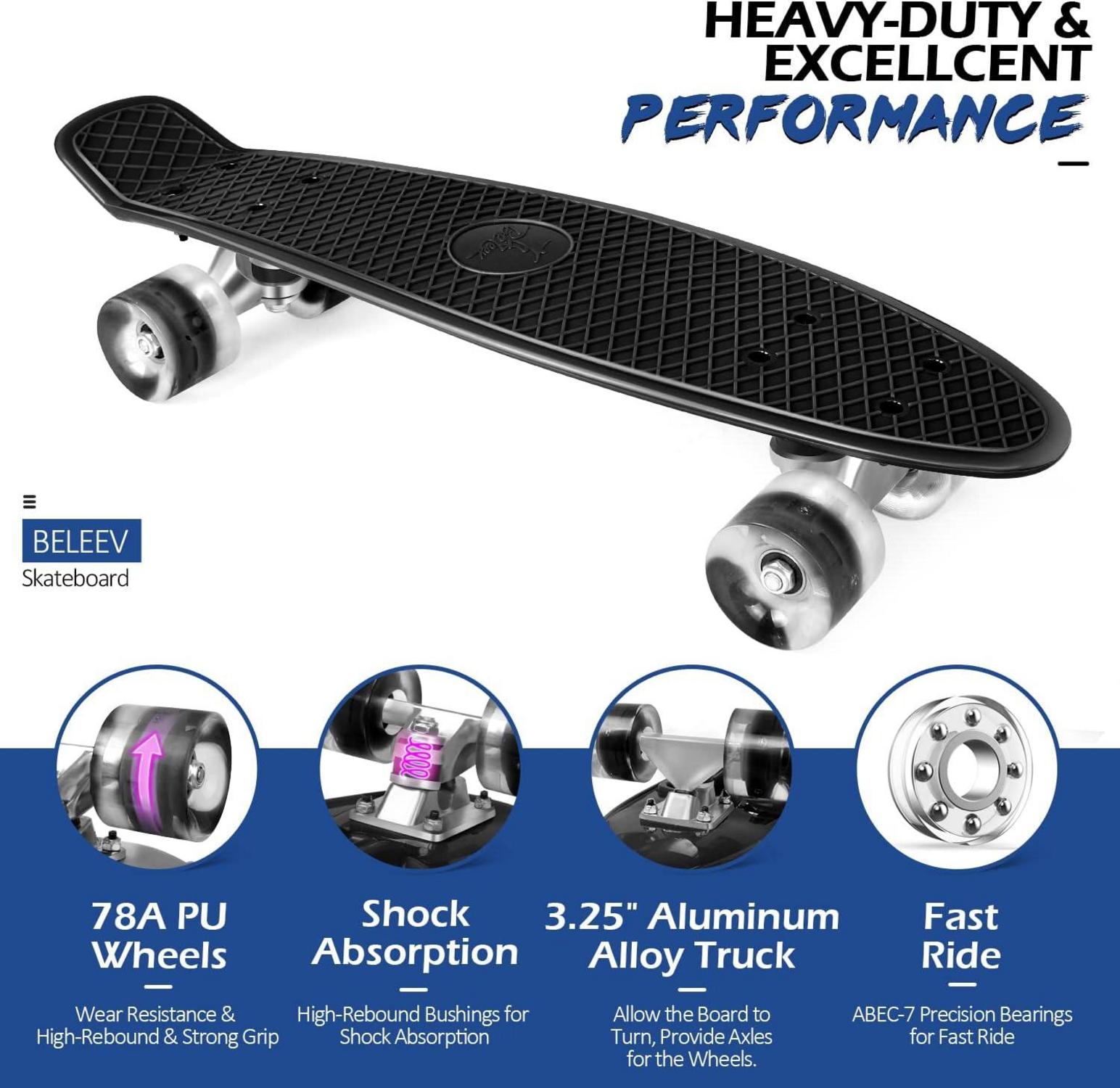 BELEEV Skateboard 22 Zoll Mini Cruiser LED Leuchtrollen T-Tool Anfänger