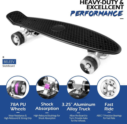 BELEEV Skateboard 22 Zoll Mini Cruiser LED Leuchtrollen T-Tool Anfänger