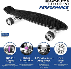 BELEEV Skateboard 22 Zoll Mini Cruiser LED Leuchtrollen T-Tool Anfänger