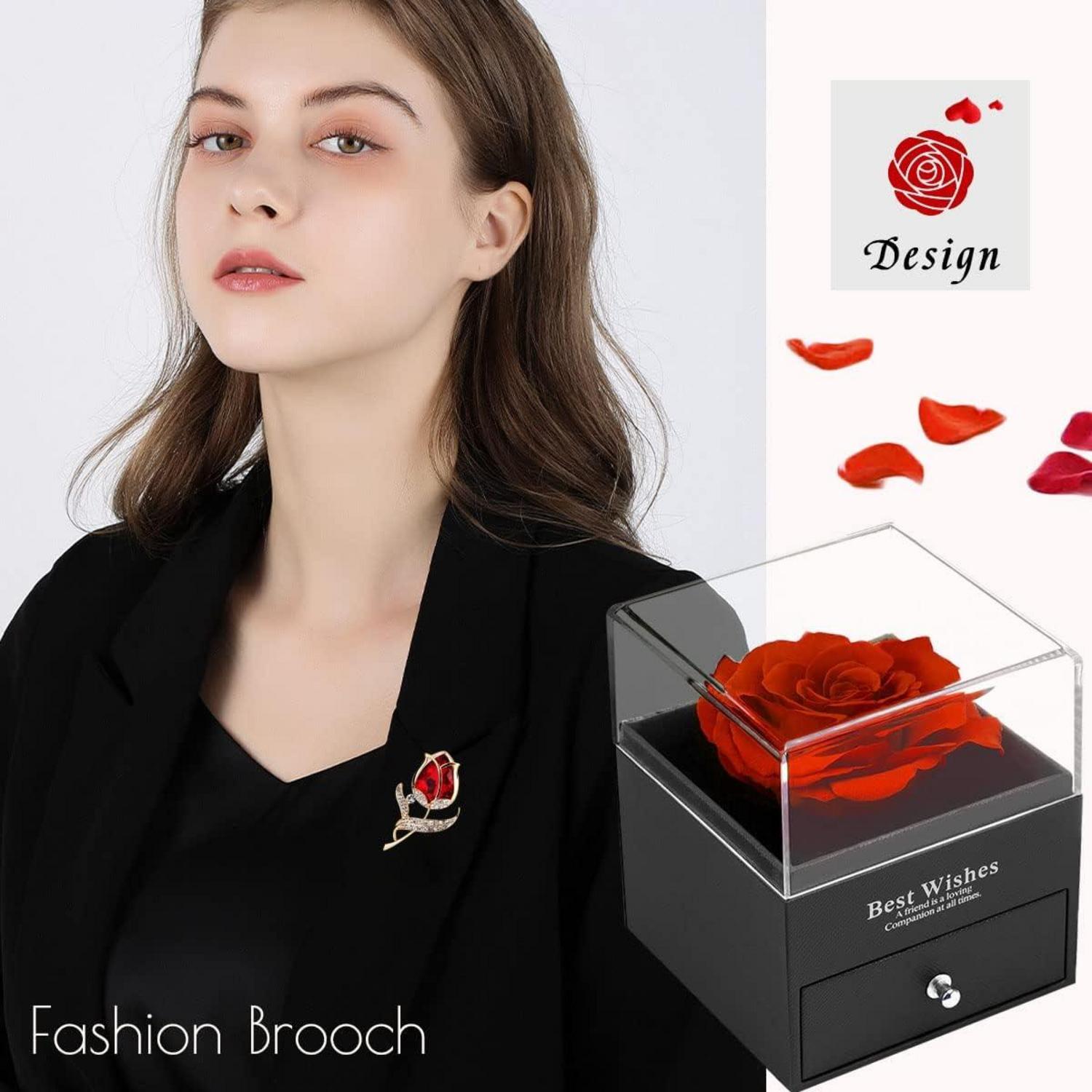 Ewige Rose in Geschenkbox - Rote Rose mit Brosche, Muttertagsgeschenk