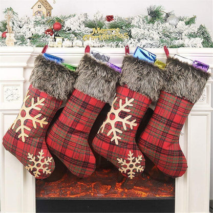 4er Weihnachtsstrumpf Set Groß Rot Plaid Schneeflocke 46cm