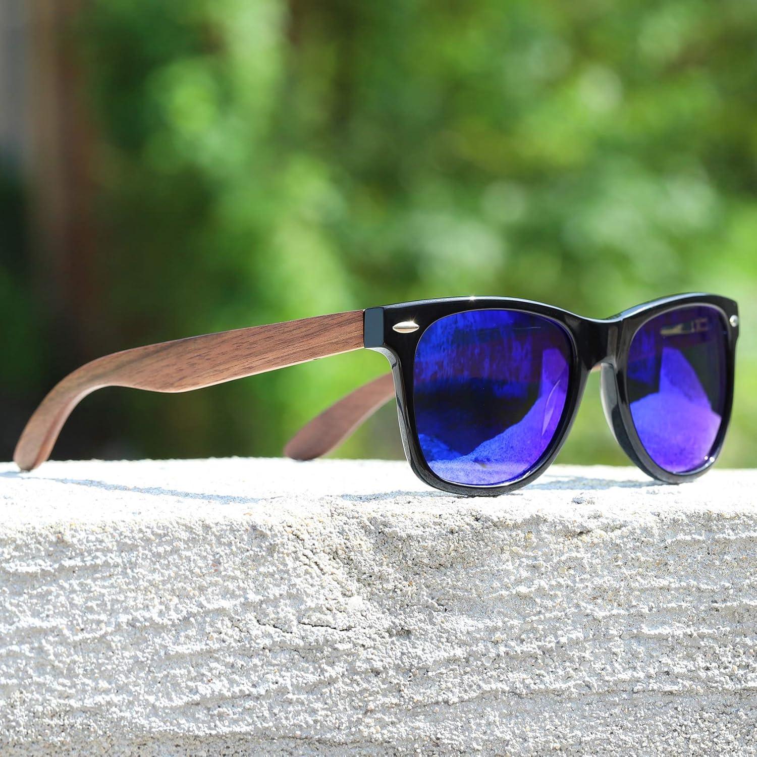 Polarisierte Sonnenbrille Herren Damen UV-Schutz Holzrahmen Blau