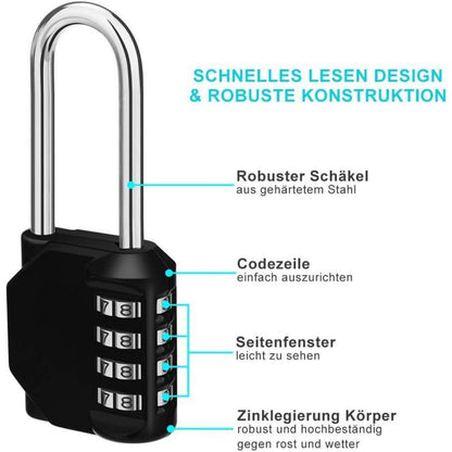 Vorhängeschloss Zahlenschloss mit langem Bügel, wetterfest