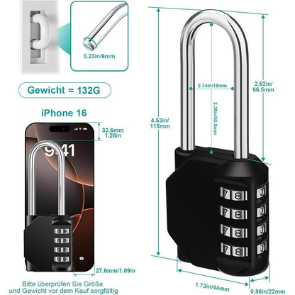Vorhängeschloss Zahlenschloss mit langem Bügel, wetterfest