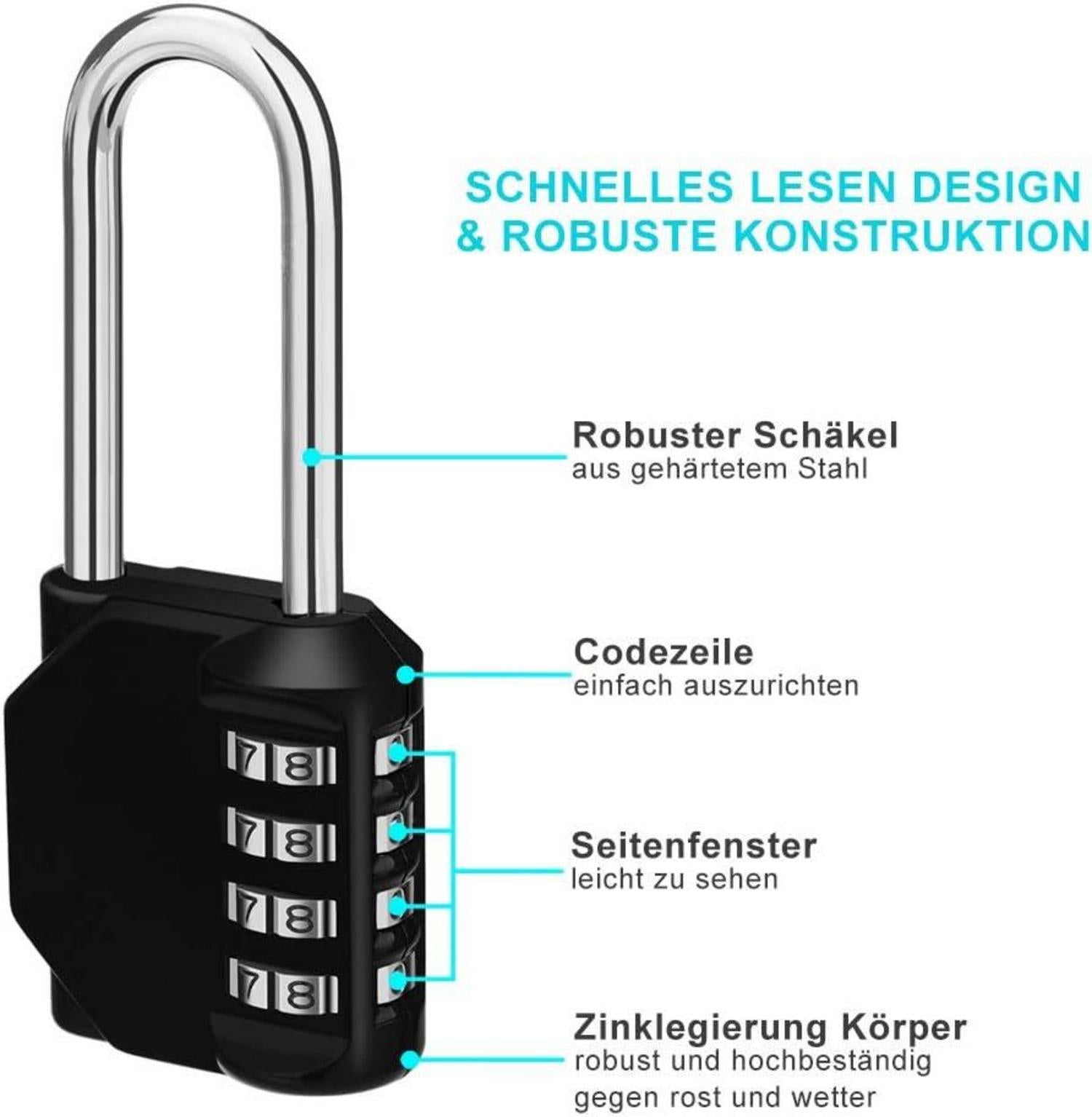 Zahlenschloss Vorhängeschloss Lang Bügel 4 Stellig Schwarz Wetterfest