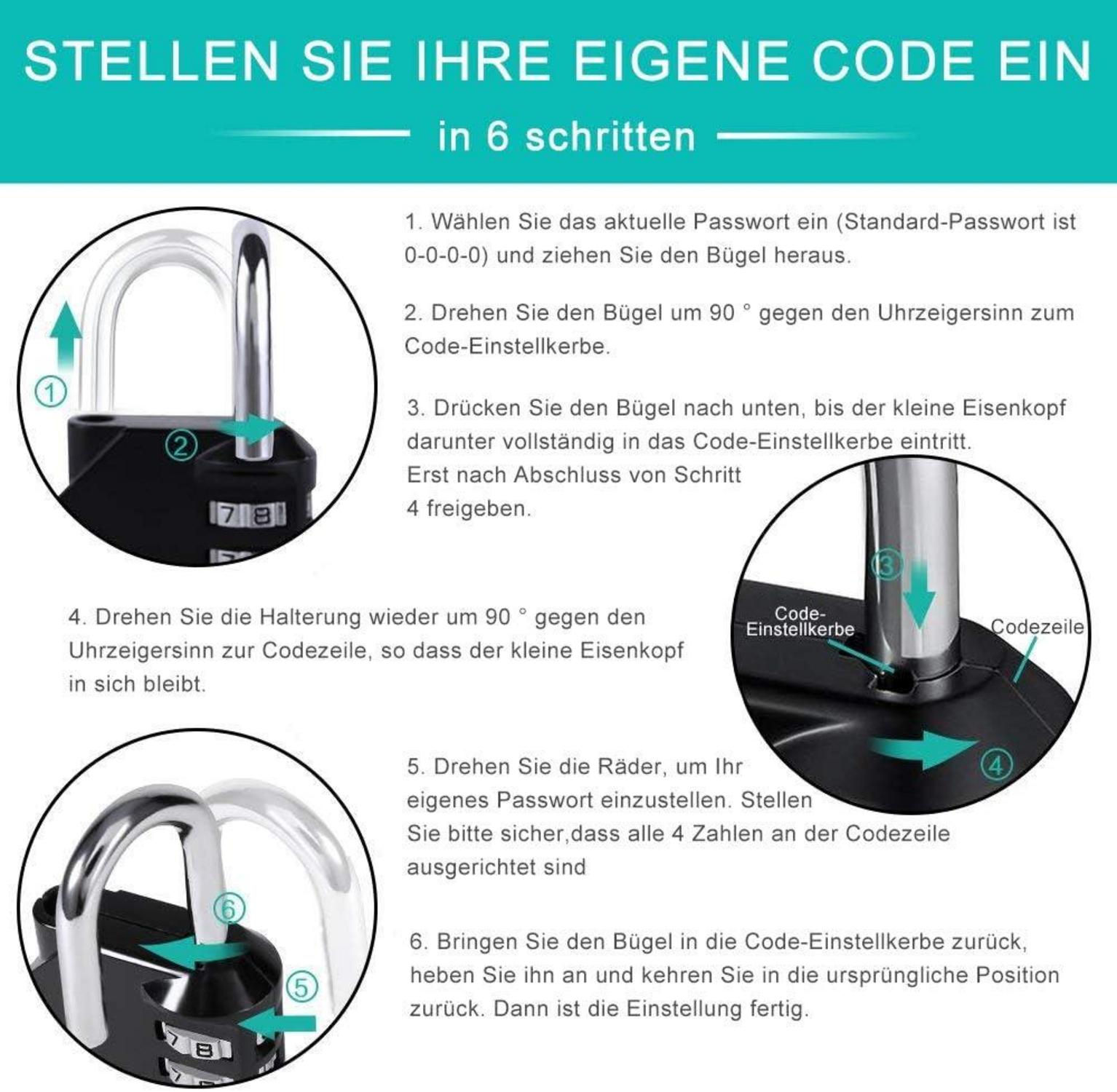 Vorhängeschloss Zahlenschloss mit langem Bügel schwarz wetterfest