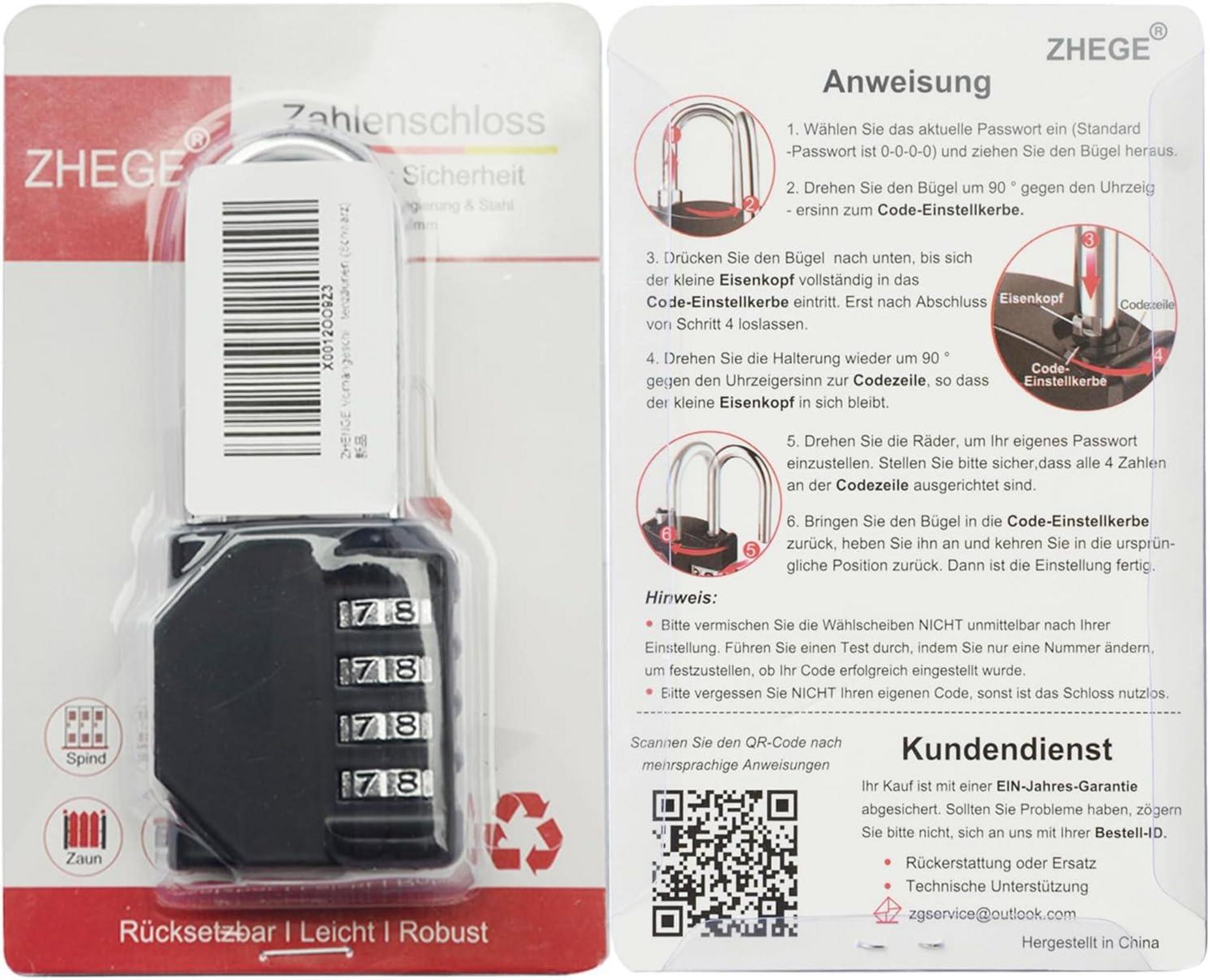 ZHEGE Vorhängeschloss Zahlenschloss mit langem Bügel, 4-stellig, wetterfest, für Tür und Gartenzäune