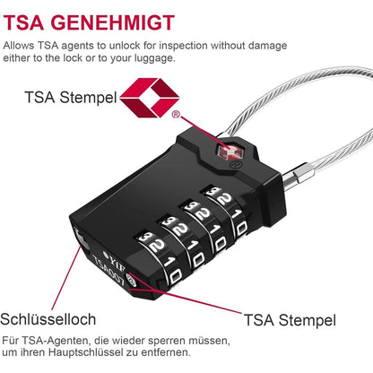ZHEGE TSA Kabelschloss 4 Stellig Schwarz Silber 2 Stücke
