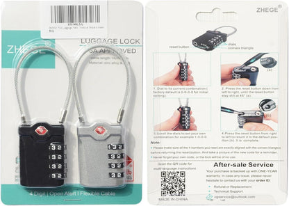 ZHEGE TSA Vorhängeschloss 4-Stelliges Kabelschloss 2er Set Schwarz Silber