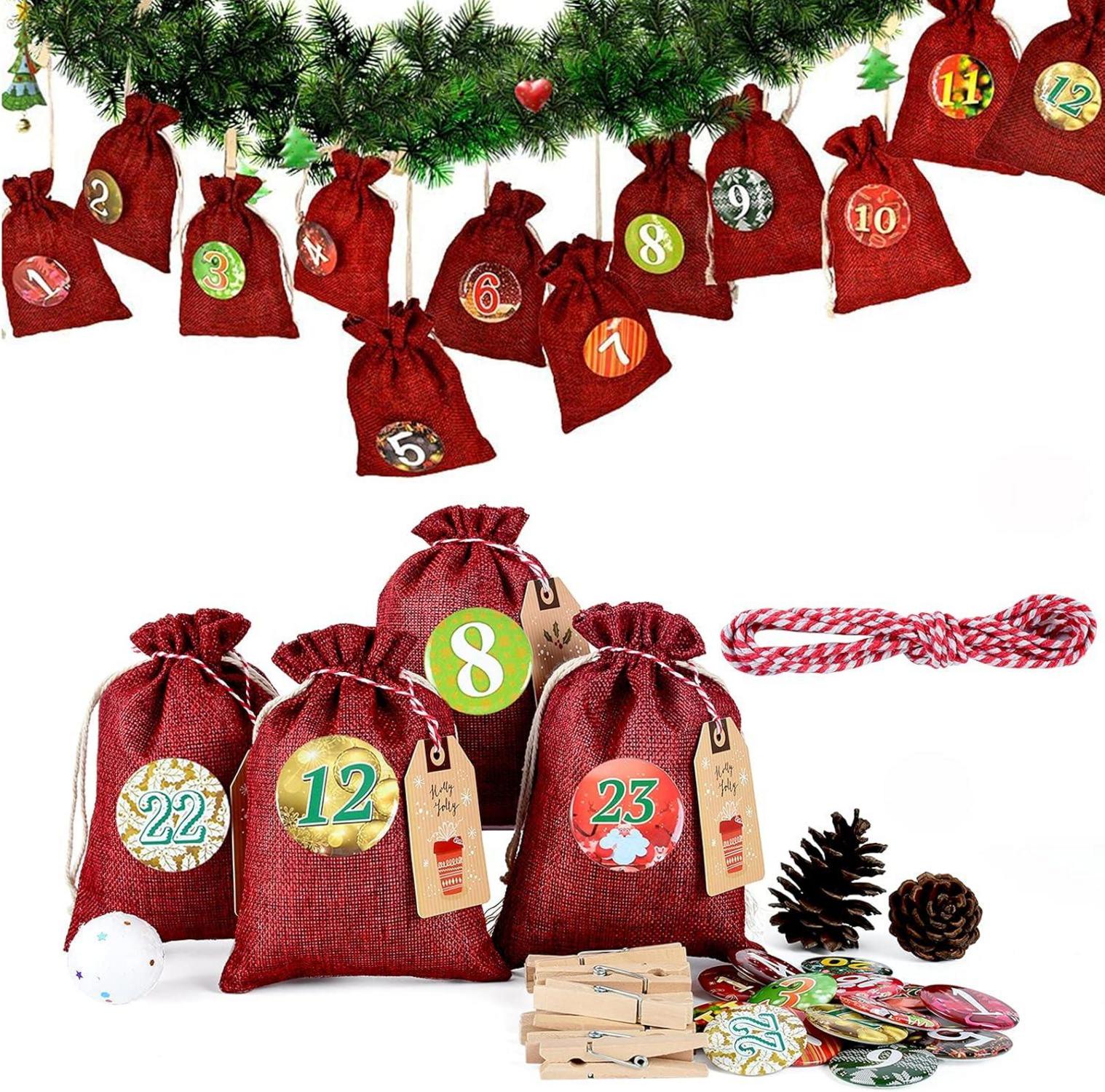Adventskalender Kette zum Befüllen und Aufhängen 24 Zahlen Buttons Rot