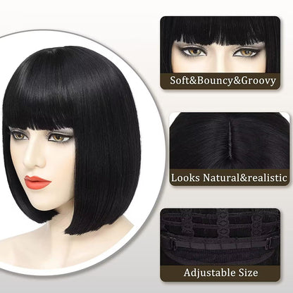 Kurze schwarze Bob Perücke mit Pony – Synthetisch & Vielseitig